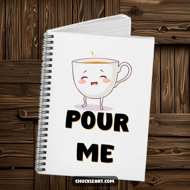 Funny bewildered teacup with legs, pouring a drink, on a notebook, for jotting down funny ideas.