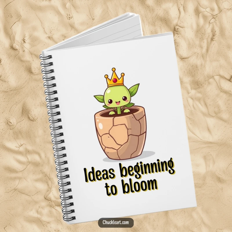 Notebook with a proud little sprout wearing a crown, sprouting from a cracked pot, symbolizing growth and new ideas.