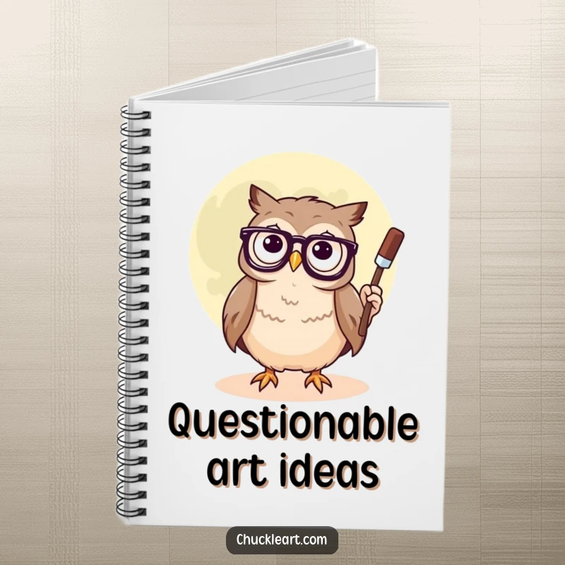 Funny notebook cover with a confused owl wearing glasses, painting a smiley face on the moon, ideal for jotting down notes.