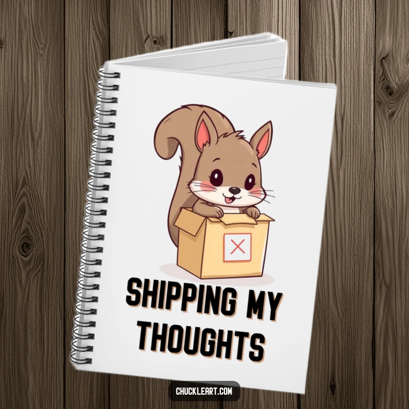 Funny notebook with a squirrel humorously trying to mail itself in a tiny box, inspiring creative writing and quirky note-taking.