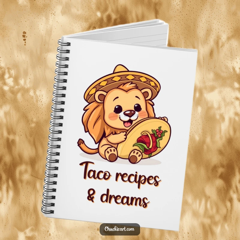 Funny notebook cover with a lion in a miniature sombrero, about to devour a giant taco, perfect for journaling and doodling.