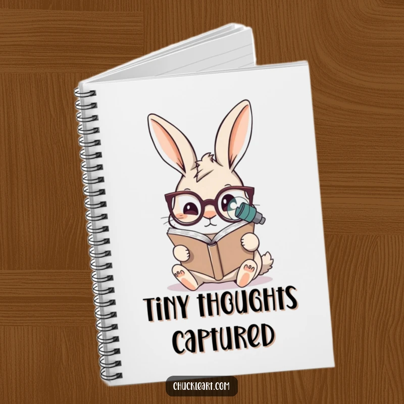 Funny rabbit notebook depicting a rabbit wearing oversized spectacles reading a microscopic book, ideal for jotting notes and studious inspiration.