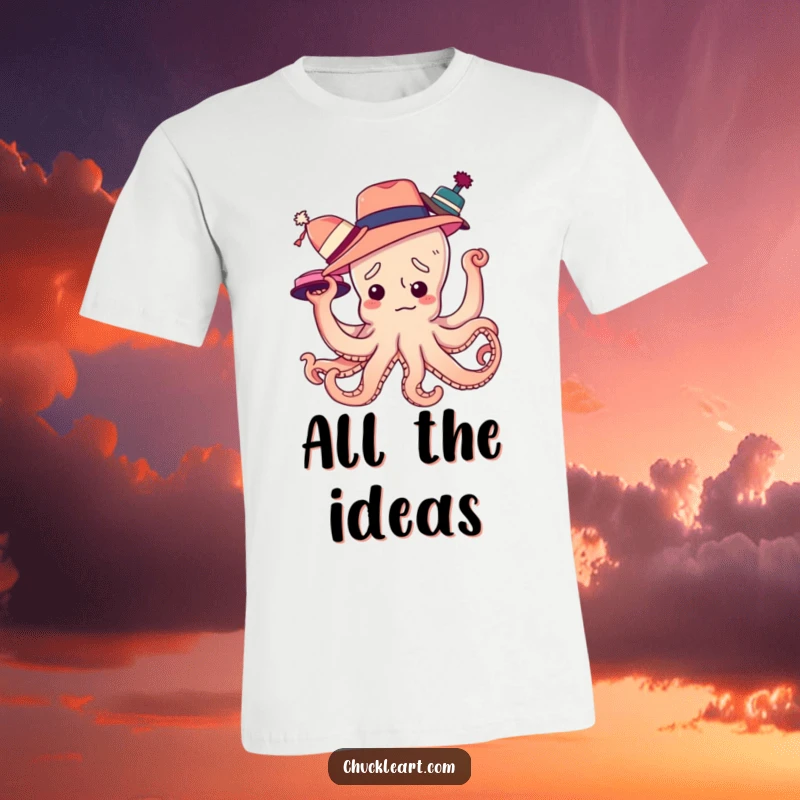 Funny t-shirt featuring a confused octopus with its arms tangled trying to wear multiple hats, a visual metaphor for being overwhelmed.