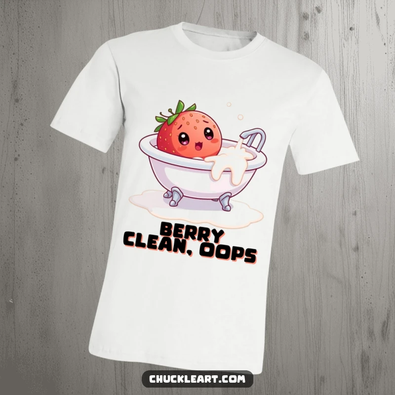 Funny T-Shirt: A surprised strawberry in a tiny bathtub overflowing with milk, conveying humor and relatable messiness.