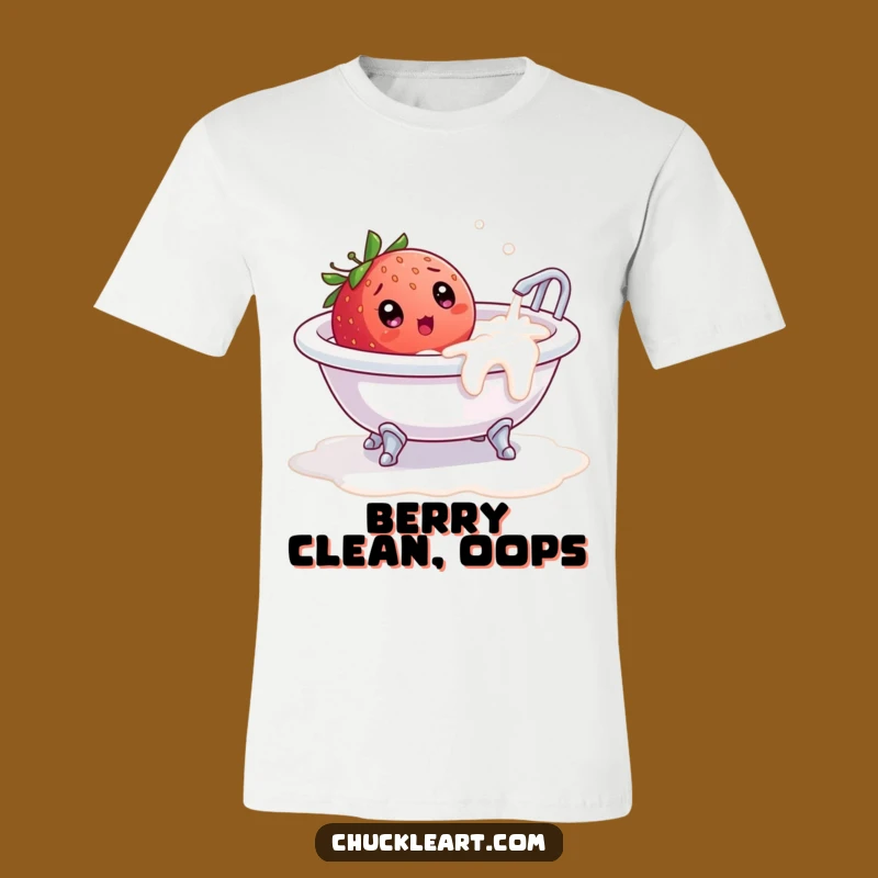 Funny Strawberry Bath T-Shirt: Shocked Berry in Overflowing Milk, Hilarious Top!