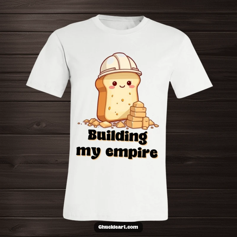 Funny t-shirt of a bread loaf in a construction hat building a crumb tower, embodying baking ambition.