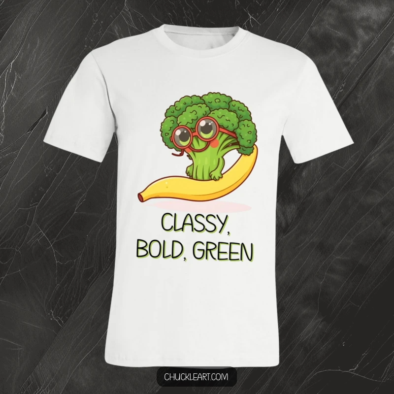 Funny t-shirt graphic of a brave broccoli floret wearing a monocle, attempting to climb a slippery banana peel.