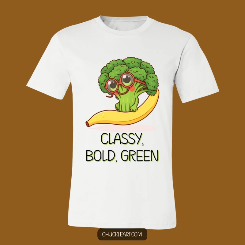 Funny Broccoli Monocle T-Shirt: Determined Floret on Banana - Hilarious Gift!