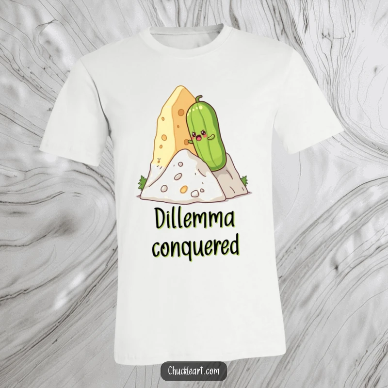 Funny determined pickle scaling a giant cheese mountain with great effort, printed on a soft t-shirt.