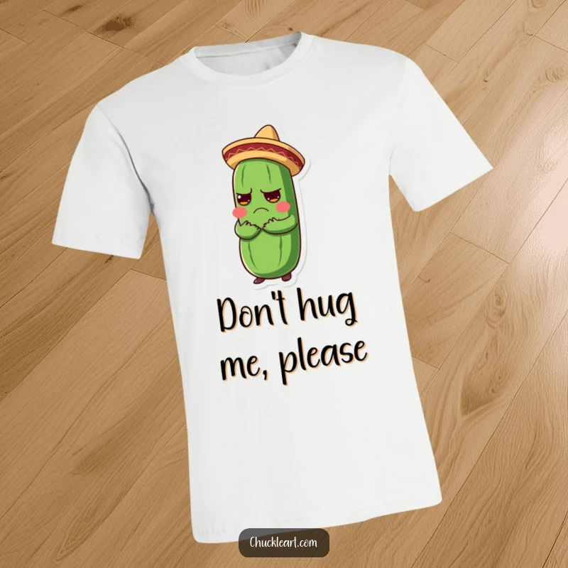 Funny t-shirt showing a grumpy pickle in a sombrero being enthusiastically hugged, a comical fiesta scene.