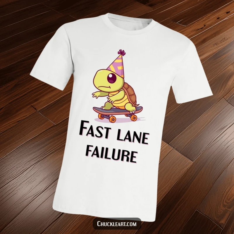 Funny t-shirt featuring a turtle in a party hat trying to skateboard fast, capturing the spirit of a slow but determined party-goer.