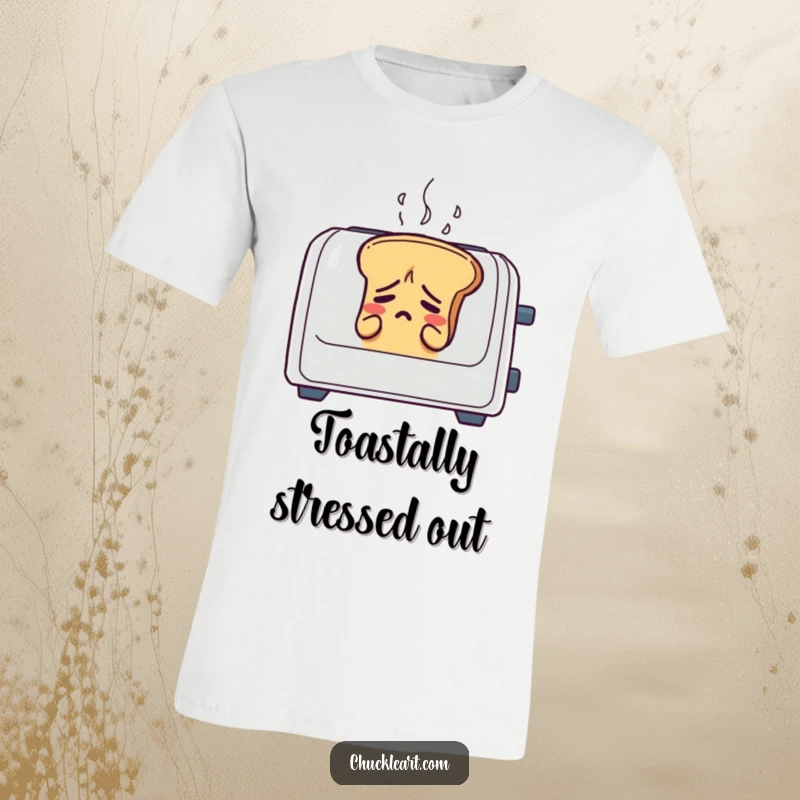 Funny bread loaf sweating in a toaster, printed on a t-shirt, relatable stress humor.