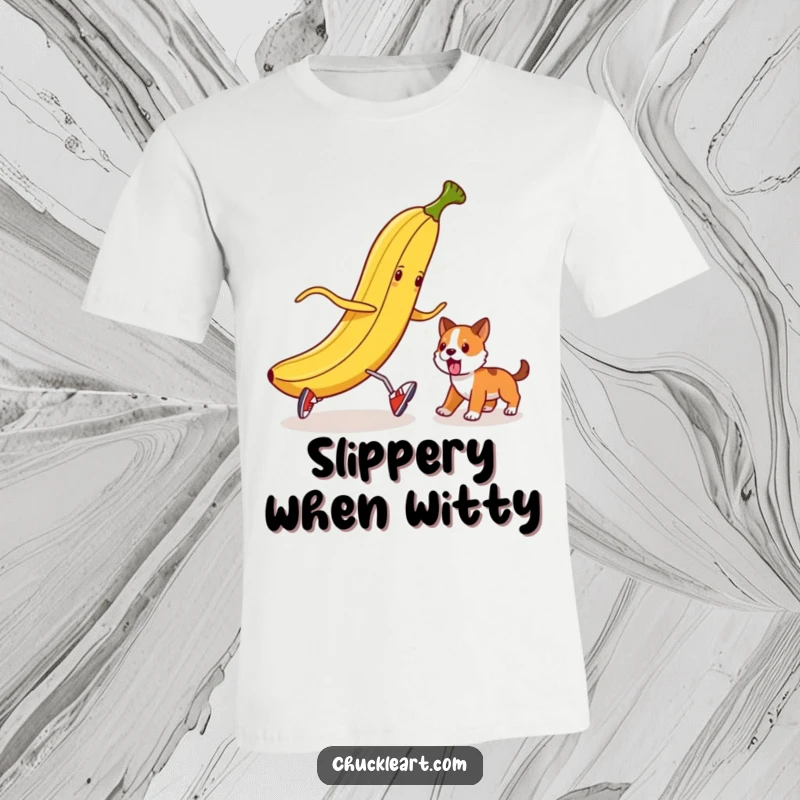 Funny banana peel with tiny shoes trying to trip a dog, printed on a t-shirt, cartoon humor.