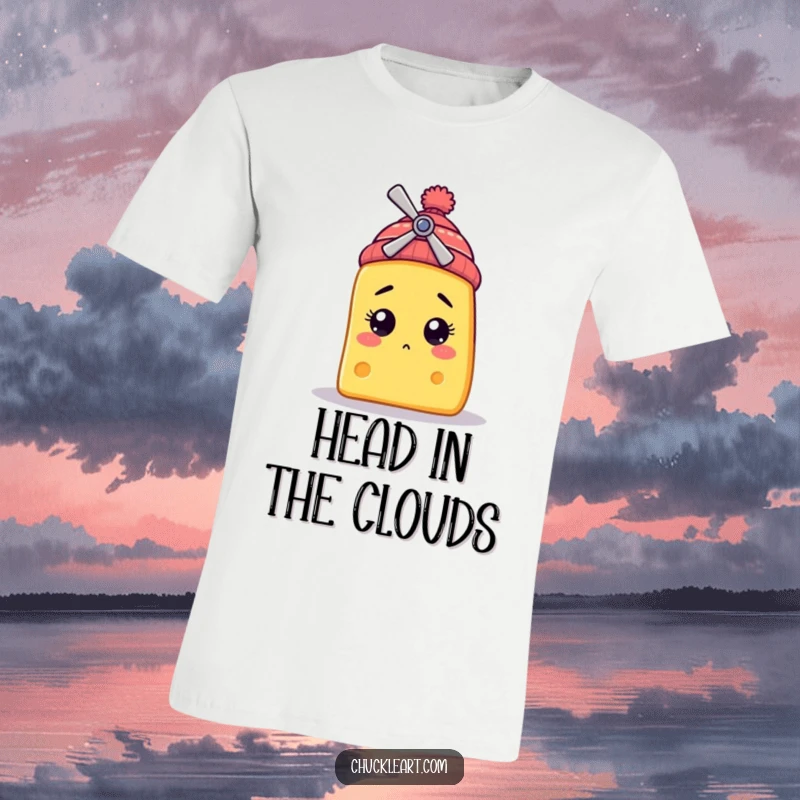 Funny t-shirt featuring a bewildered cheese slice character humorously wearing a small propeller beanie, a delightful and quirky apparel choice.