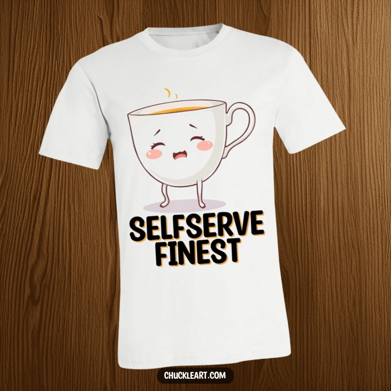 Funny bewidered teacup with legs, pouring itself, on a t-shirt, expressing relatable morning chaos.