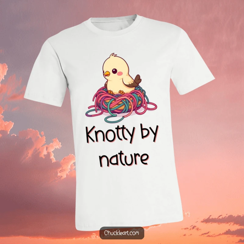 Funny bird t-shirt featuring a bird attempting to build a nest with colorful, tangled yarn, highlighting crafty humor and delightful chaos.