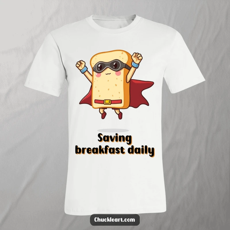 Funny loaf of bread in a superhero costume striking a triumphant pose while flying mid-air, humorous t-shirt for bakers.