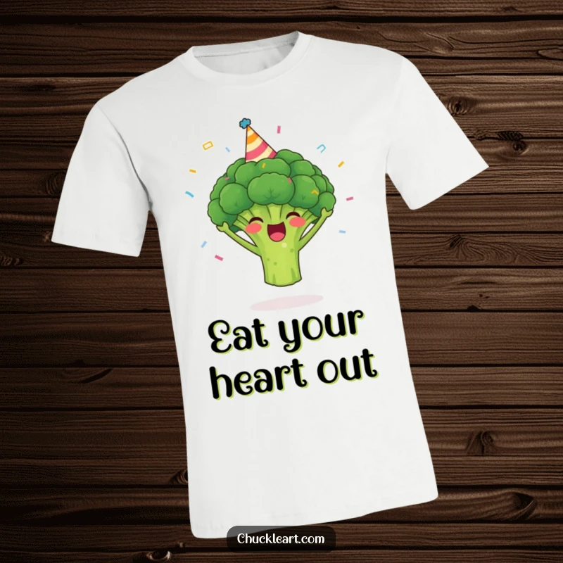 Funny broccoli t-shirt featuring a cheerful broccoli wearing a party hat with confetti in the air, promoting fun and veggies.