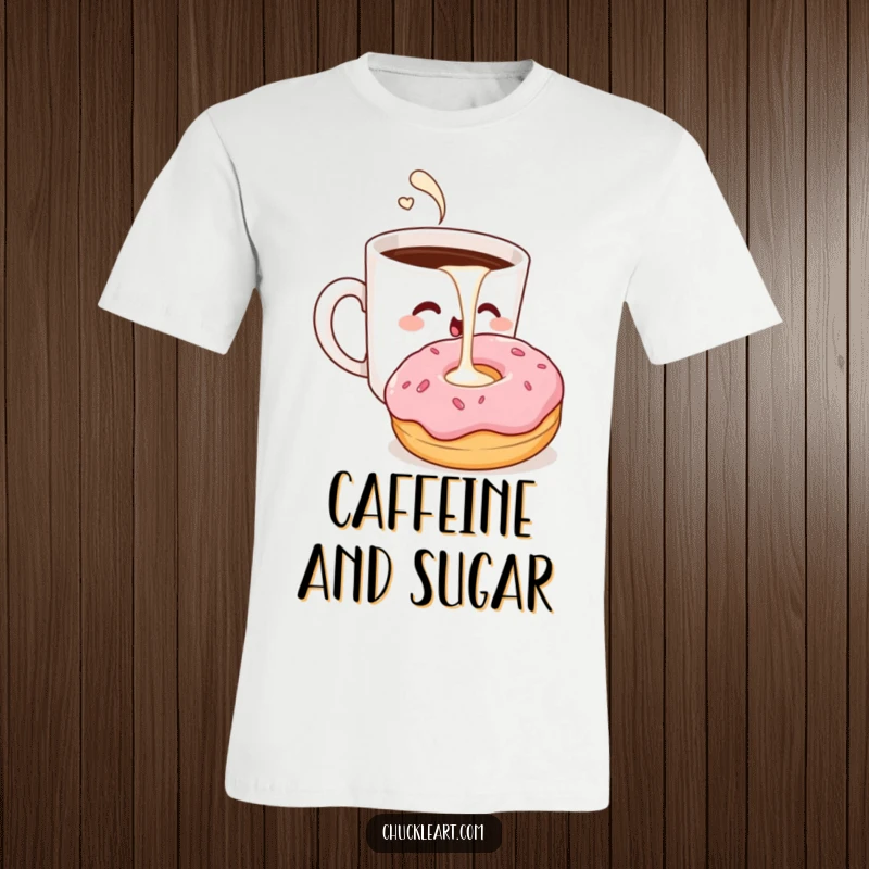Funny t-shirt of a winking coffee cup pouring milk into a surprised donut, capturing morning joy.