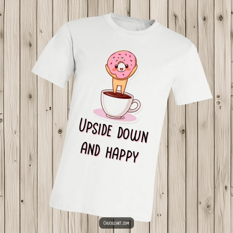 Funny t-shirt featuring a donut in a headstand pose atop a coffee cup, celebrating balance.