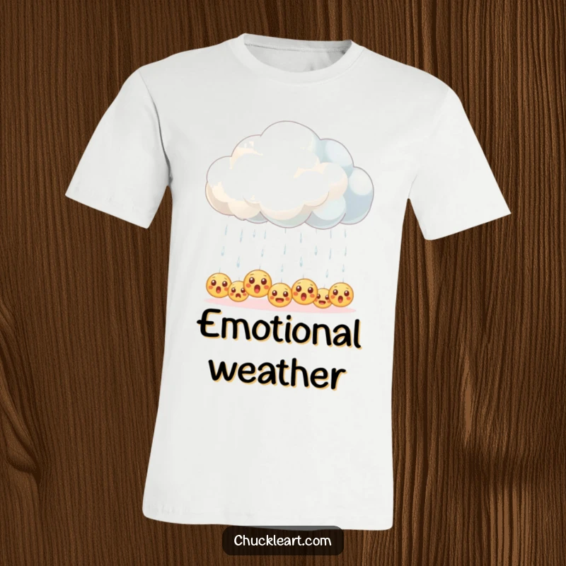 Funny t-shirt design of a fluffy cloud raining down numerous tiny, surprised emoji faces.