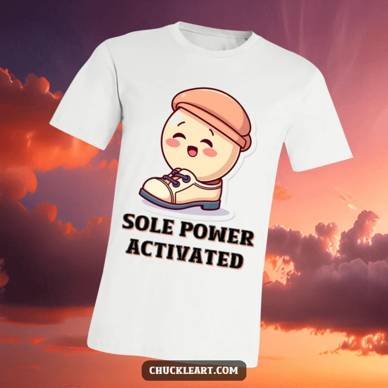 Funny t-shirt with a giggling button character hilariously attempting to wear a small hat as a shoe, a perfect humorous apparel gift.