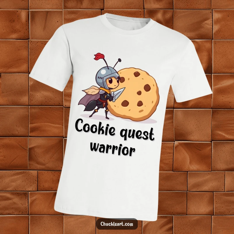Funny t-shirt design of a tiny ant dressed as a knight, bravely confronting a massive, delicious-looking cookie.