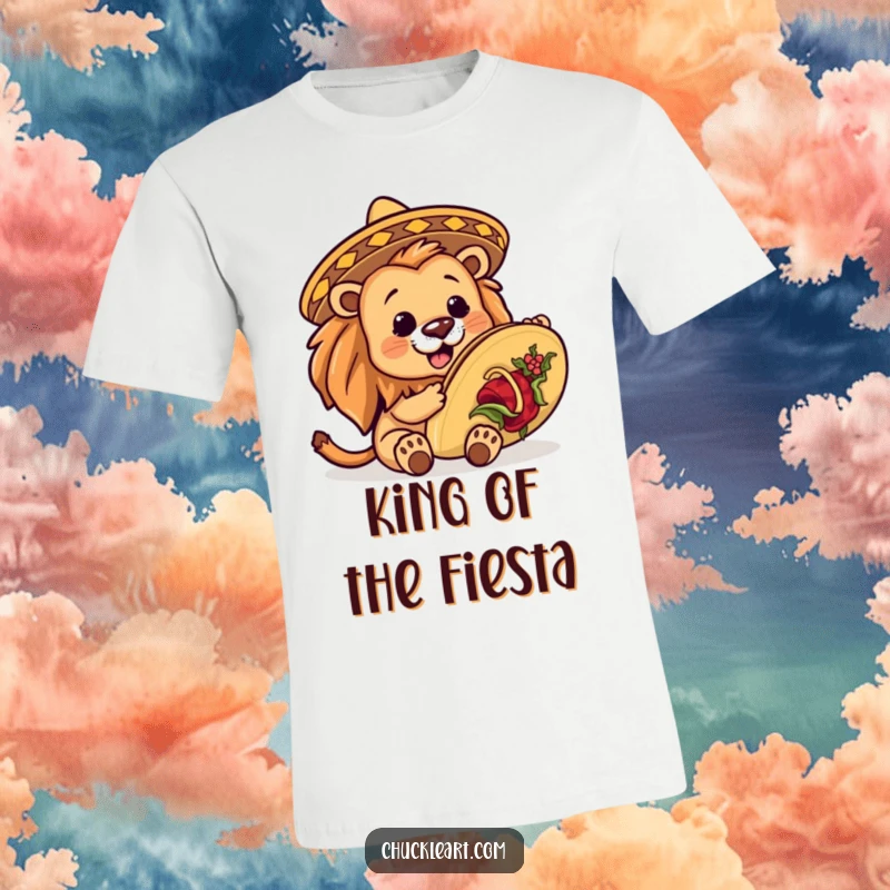 Funny lion wearing a small sombrero, enthusiastically eating a huge taco, printed on a t-shirt, perfect for fiesta lovers.