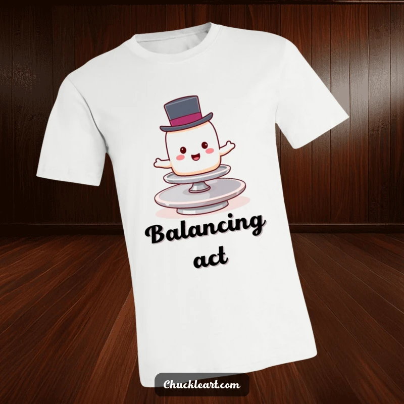 Funny marshmallow wearing a top hat attempts to balance on a spinning plate, a whimsical and humorous t-shirt graphic.