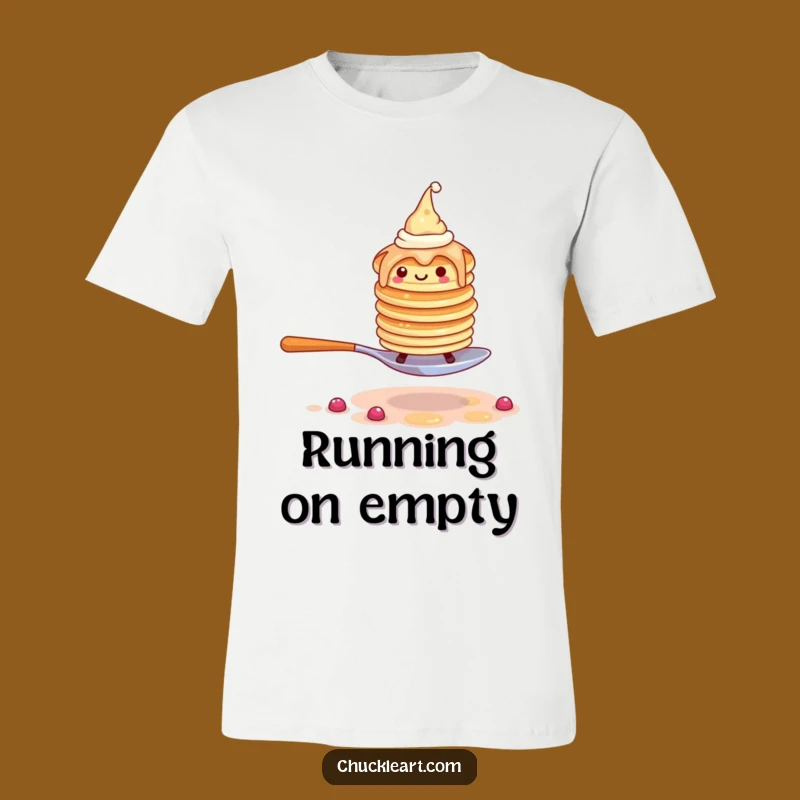 Funny Pancake Escape T-Shirt: Wobbly Stack with Hats Flees Giant Fork - Hilarious Gift!