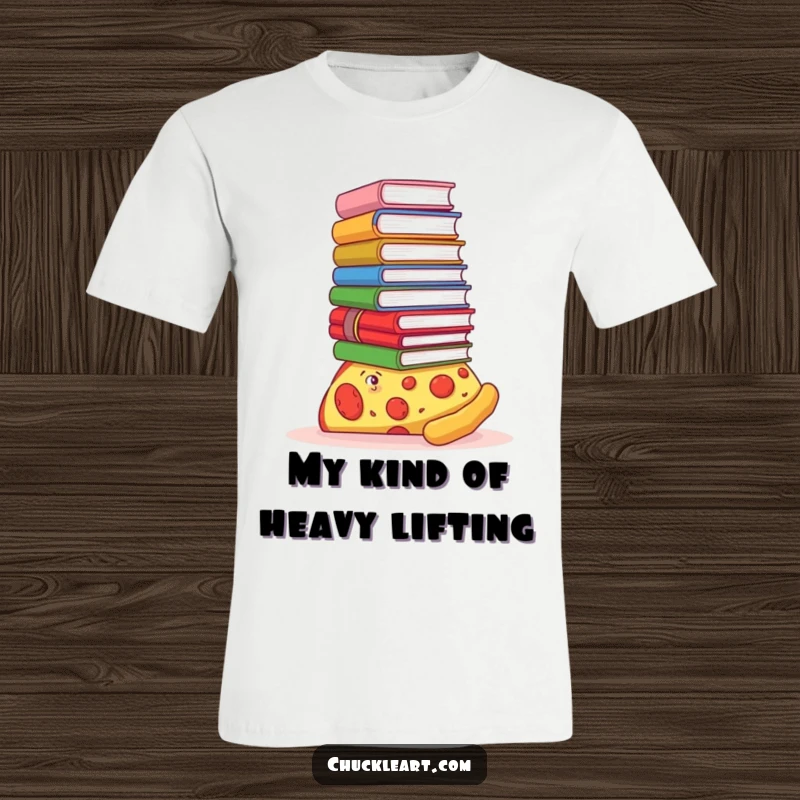 Funny t-shirt graphic of a pizza slice precariously balancing a towering stack of books on its crust, expressing studious charm.