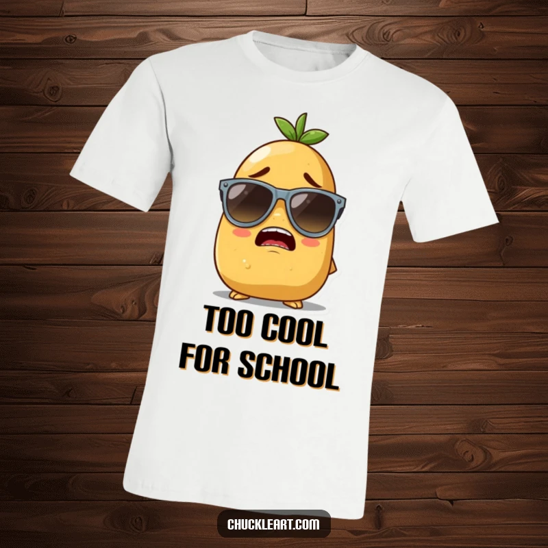 Funny t-shirt graphic of a determined potato character hilariously attempting to wear large sunglasses that cover most of its face.