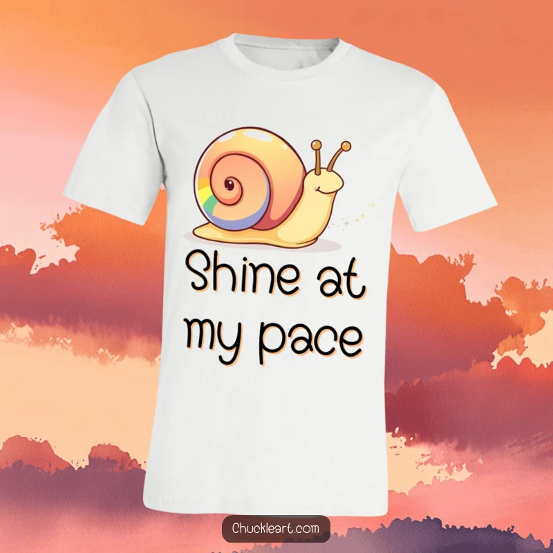 Funny rainbow snail t-shirt with a snail sporting a vibrant rainbow shell and leaving a glittery trail, symbolizing uniqueness.