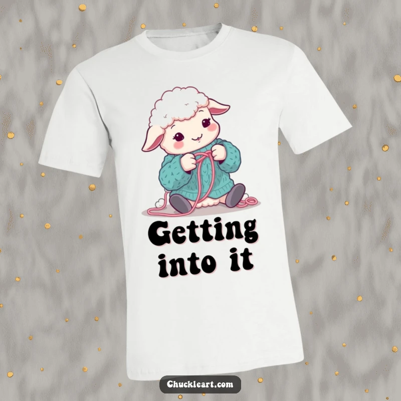 Funny sheep comically tangled in yarn while knitting a sweater, printed on a t-shirt for a funny gift.