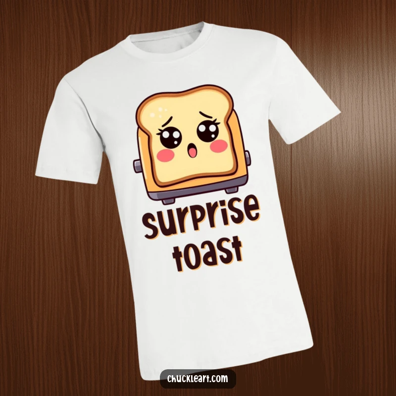 Funny shocked toast with eyes, popping out of a toaster, on a t-shirt, expressing morning astonishment.