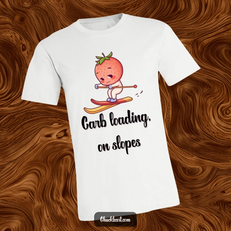 Funny skiing strawberry t-shirt, a determined berry skiing on a breadstick, representing bold and hilarious outdoor pursuits.