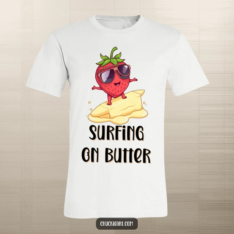 Funny strawberry wearing sunglasses, attempting to surf on melting butter, a quirky and humorous graphic tee design.