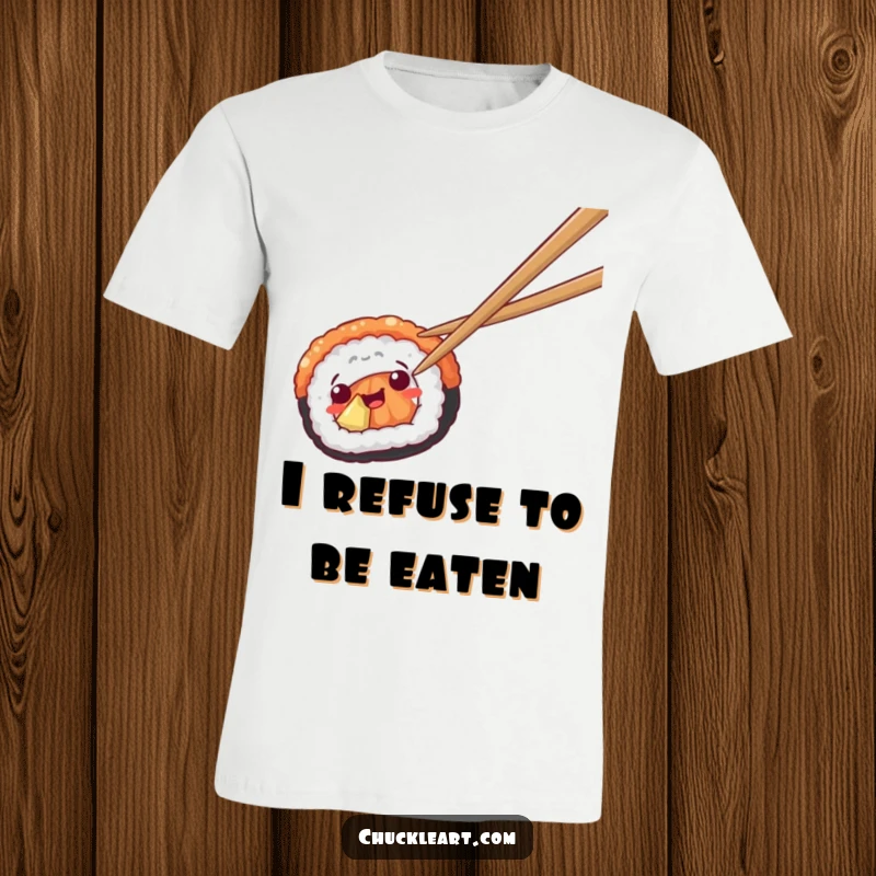 Funny t-shirt featuring a piece of sushi attempting to flee from a pair of hungry chopsticks.