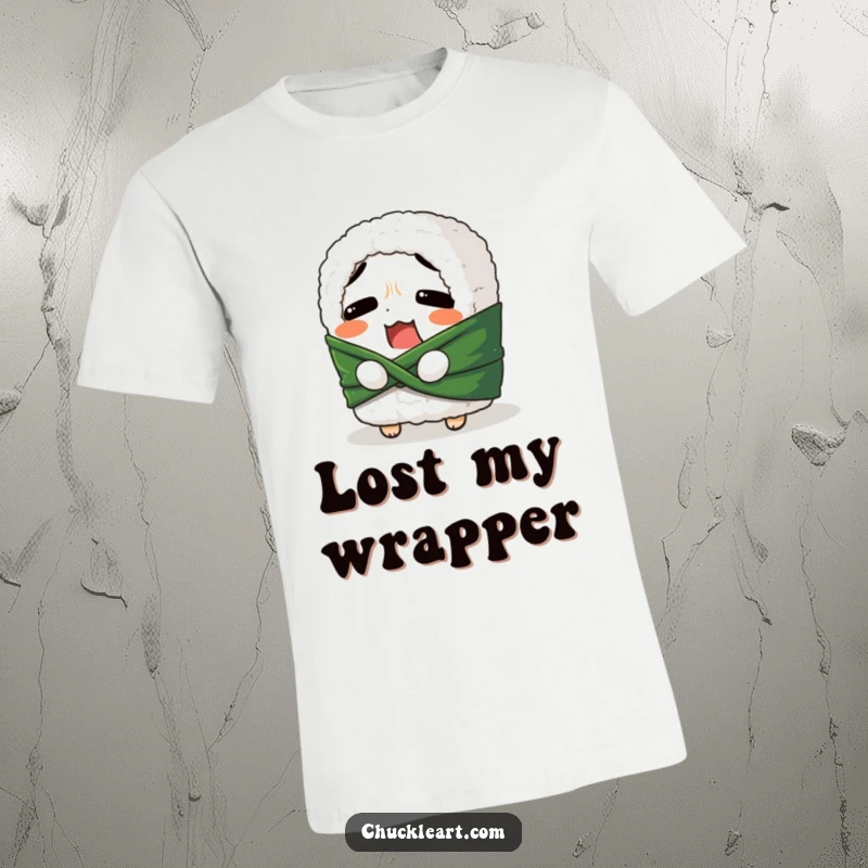Funny t-shirt featuring a confused sushi roll attempting to tie its seaweed belt, showcasing a cute and humorous food-inspired design.