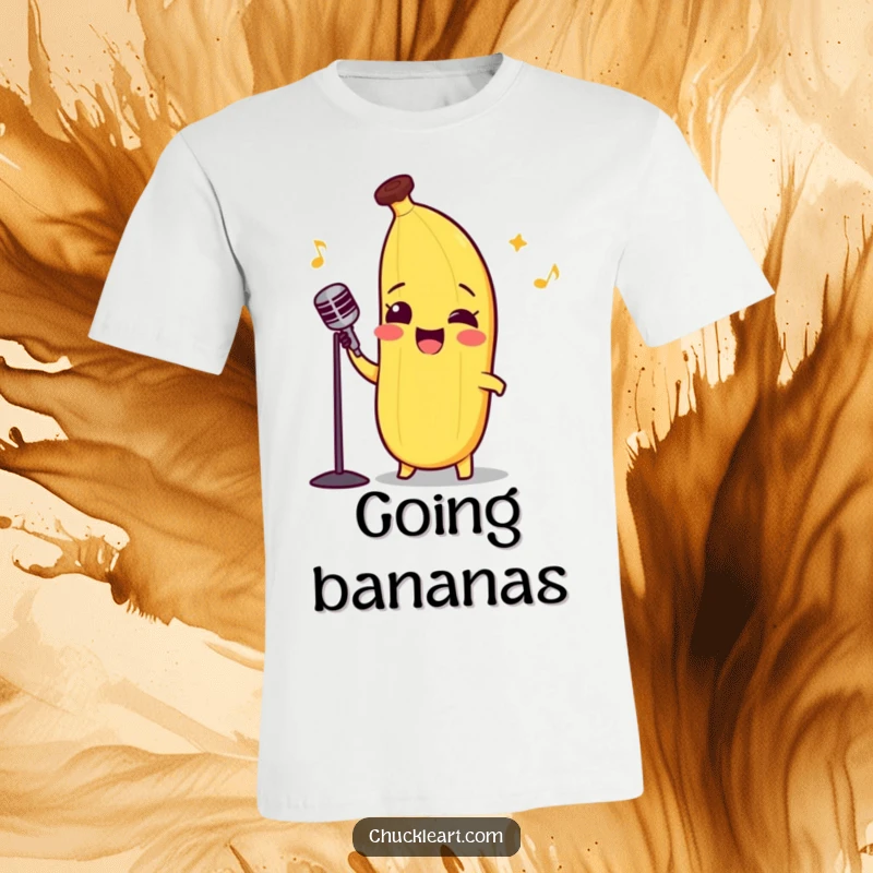 Funny t-shirt featuring a smiling banana in a bow tie, passionately performing opera with gusto.
