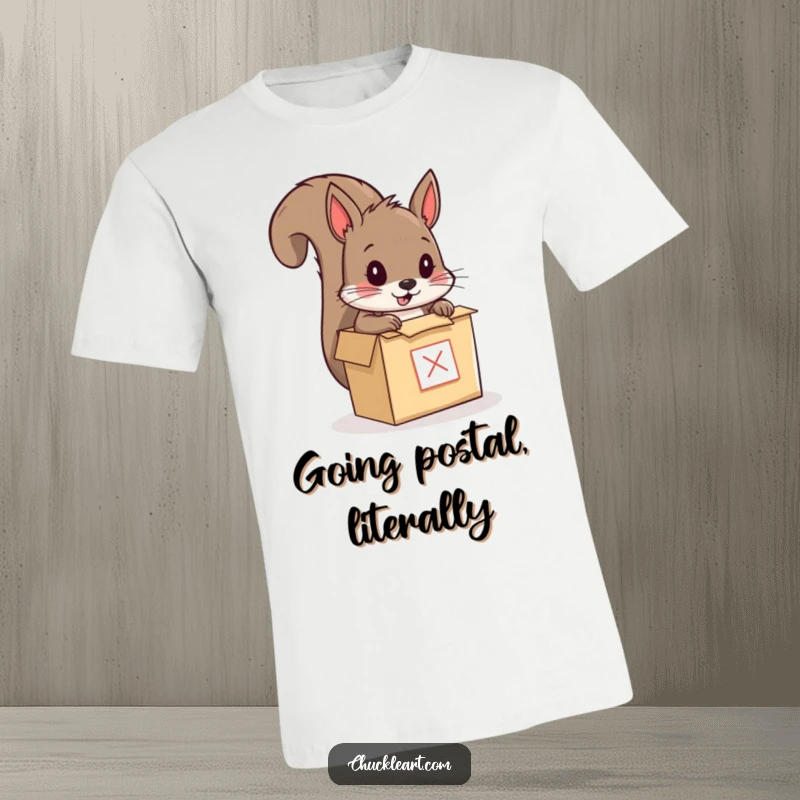 Funny t-shirt featuring a squirrel humorously attempting to mail itself in a small box, capturing a moment of nutty determination and escapism.