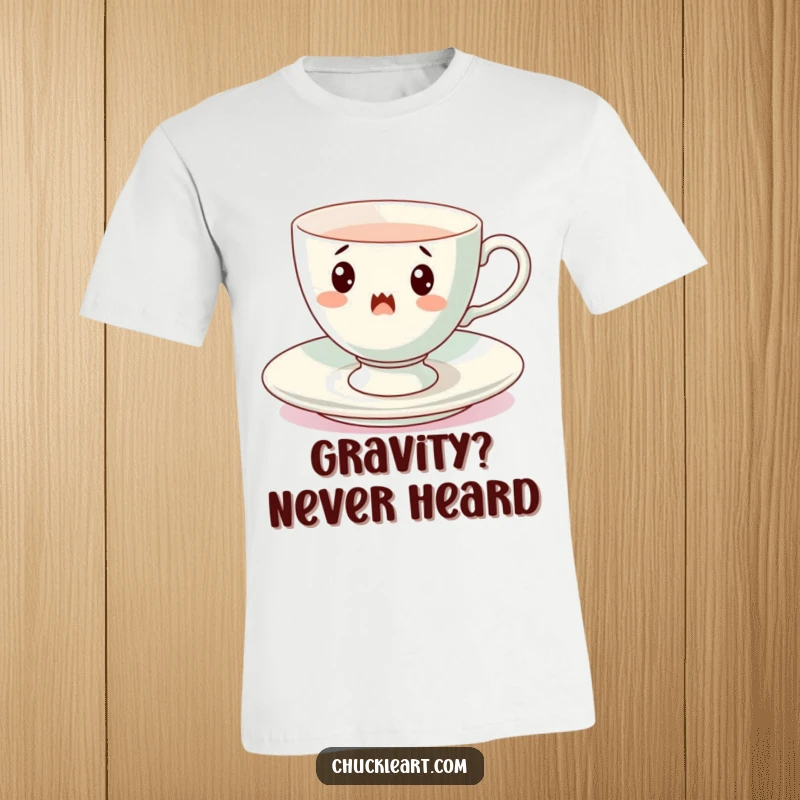 Funny spinning teacup t-shirt, a surprised porcelain cup in motion on a saucer, embodying playful energy and surprise.