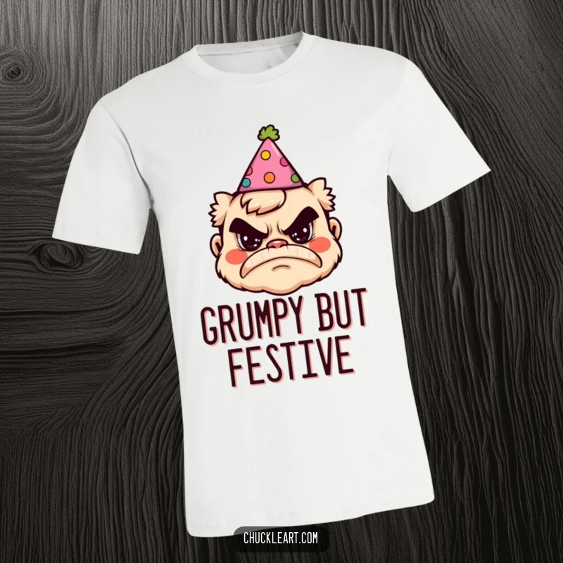Funny t-shirt showcasing a grumpy face looking unimpressed while wearing a brightly colored, silly party hat.