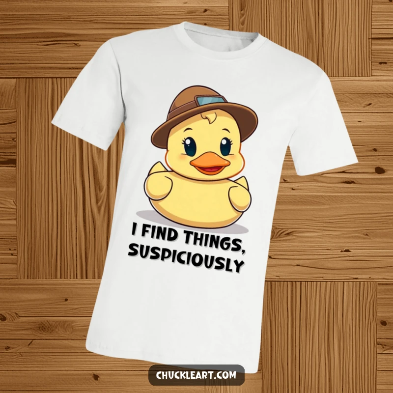 Funny t-shirt graphic of a mischievous rubber duck wearing a small detective hat, holding a magnifying glass while searching for hidden clues.