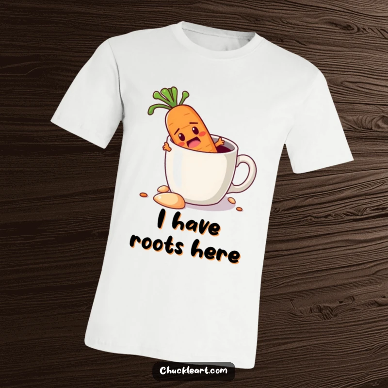 Funny t-shirt depicting a determined carrot digging its way out of a coffee mug, symbolizing persistence and humorous vegetable adventure.
