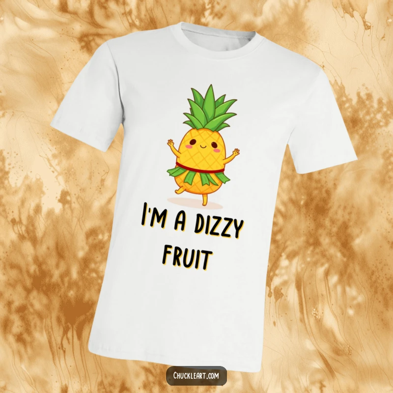 Funny t-shirt featuring a pineapple with a tiny hula skirt, spinning rapidly in a joyful dance, perfect for tropical fun.
