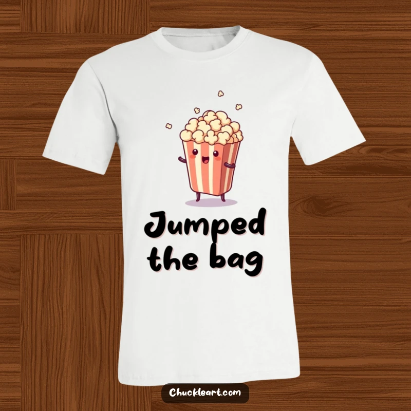 Funny t-shirt showcasing a piece of popcorn dramatically jumping out of its bag with an expression of pure surprise.