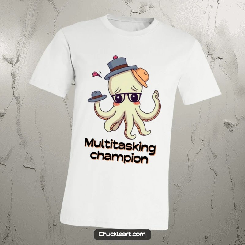 Funny confused octopus comically tangled in many hats, arms flailing, printed on a t-shirt for a funny gift.