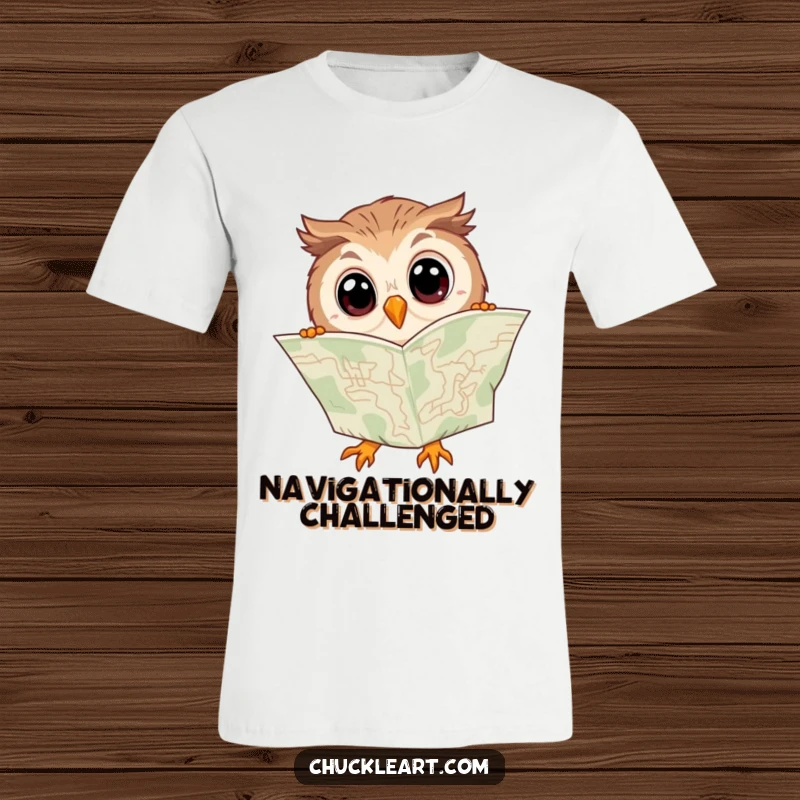 Funny t-shirt featuring a clumsy owl with wide eyes, struggling to read a map that’s upside down.