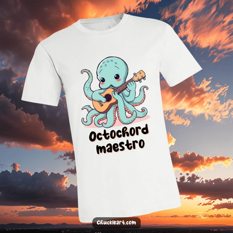 Funny t-shirt print of a clumsy octopus struggling to play a ukulele with all eight tentacles, celebrating musical chaos.